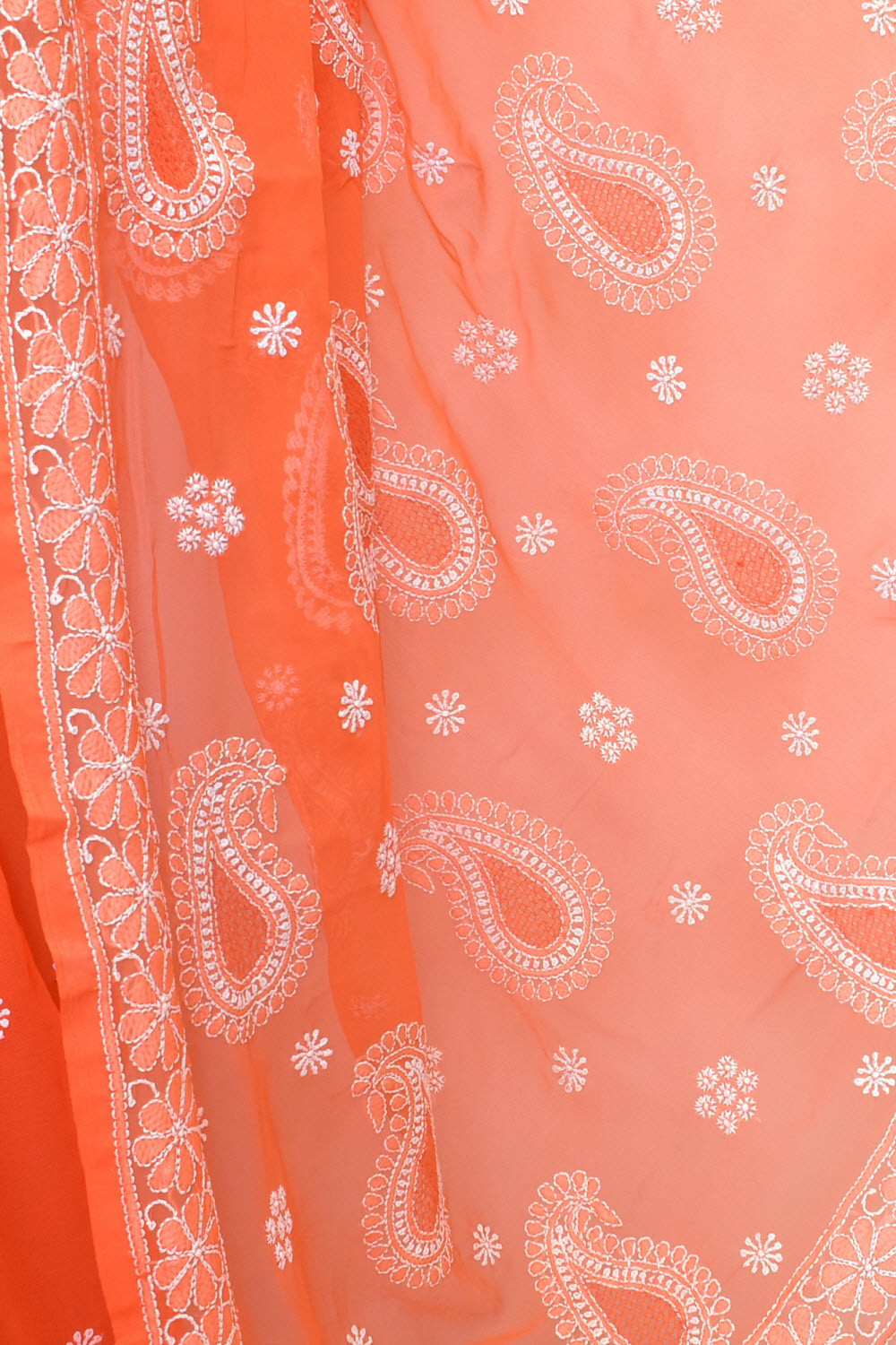 Orange Hand-Embroidered Lucknowi Chikankari Georgette Saree with Blouse 15158