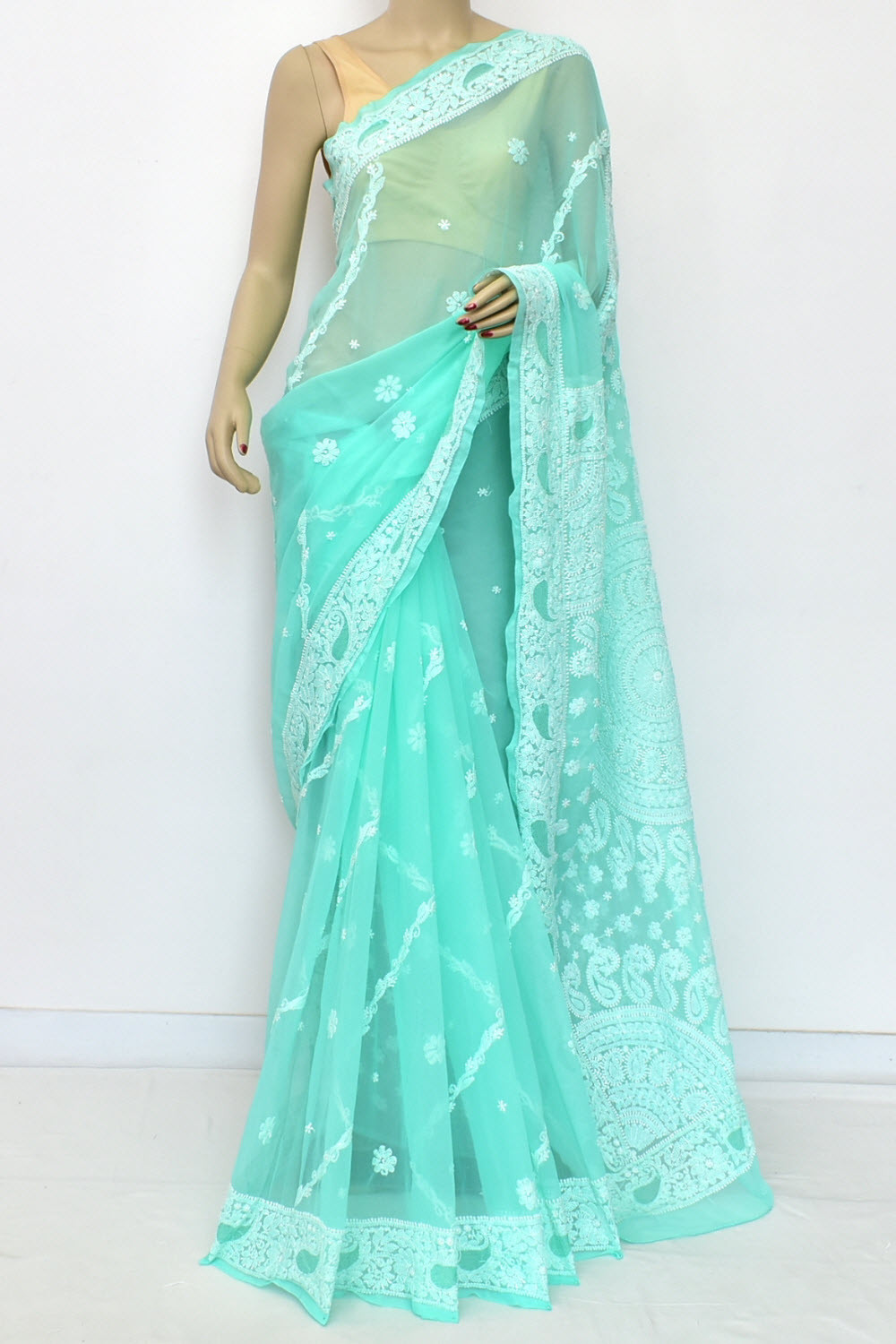 Sea Green Hand-Embroidered Lucknowi Chikankari Georgette Saree with Blouse Rich Pallu 15161