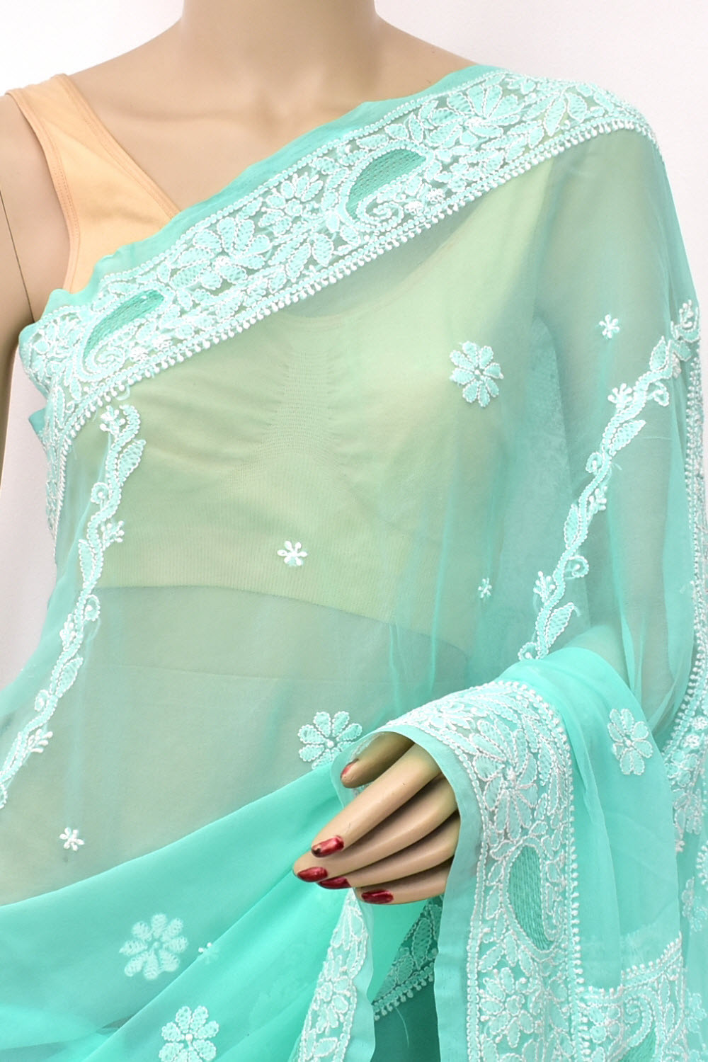 Sea Green Hand-Embroidered Lucknowi Chikankari Georgette Saree with Blouse Rich Pallu 15161