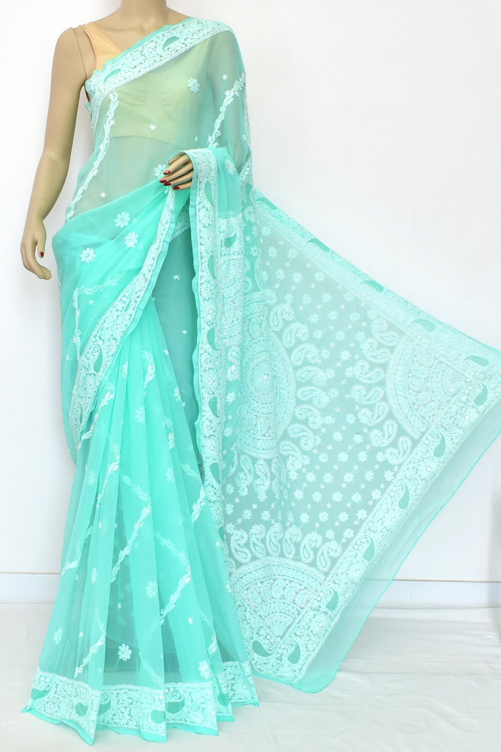 Sea Green Hand-Embroidered Lucknowi Chikankari Georgette Saree with Blouse Rich Pallu 15161