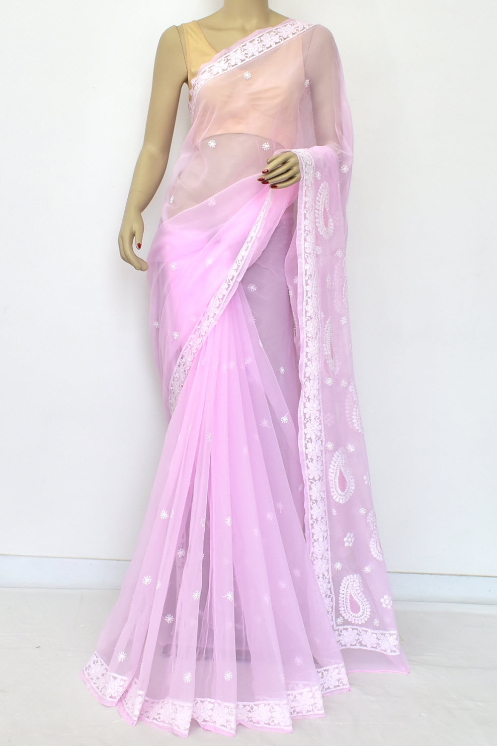 Pink Hand-Embroidered Lucknowi Chikankari Georgette Saree with Blouse 15159