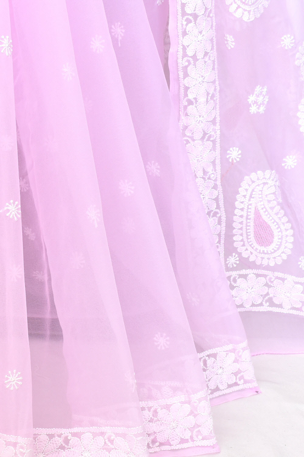 Pink Hand-Embroidered Lucknowi Chikankari Georgette Saree with Blouse 15159