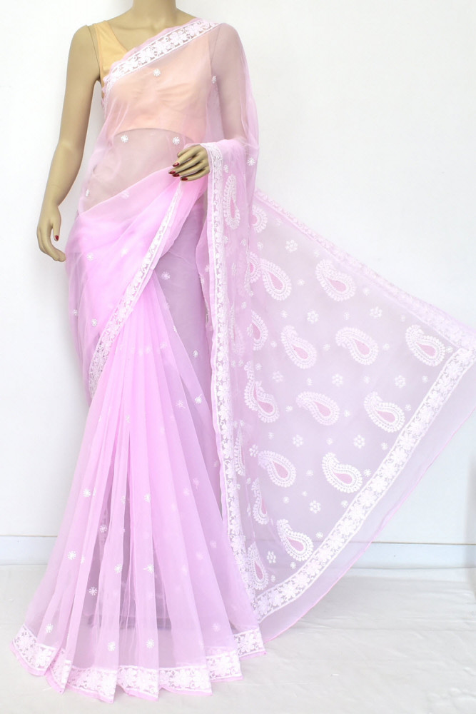 Image of Pink Hand-Embroidered Lucknowi Chikankari Georgette Saree (with Blouse) 15159