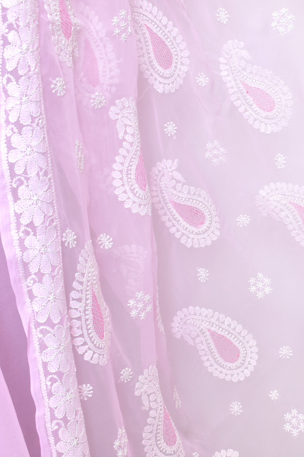 Pink Hand-Embroidered Lucknowi Chikankari Georgette Saree with Blouse 15159