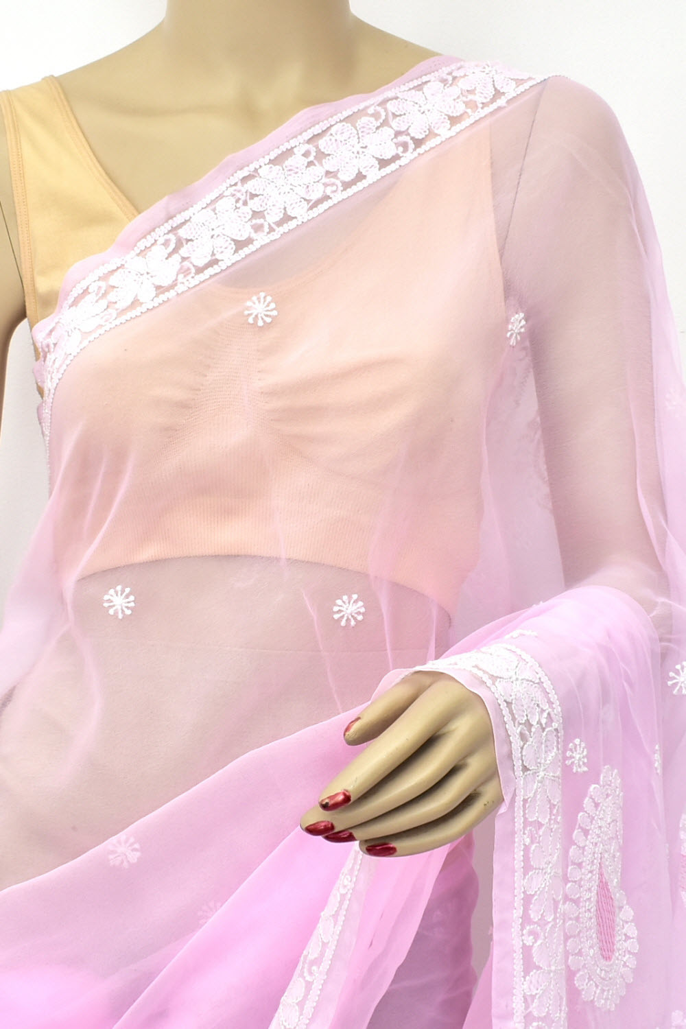 Pink Hand-Embroidered Lucknowi Chikankari Georgette Saree with Blouse 15159