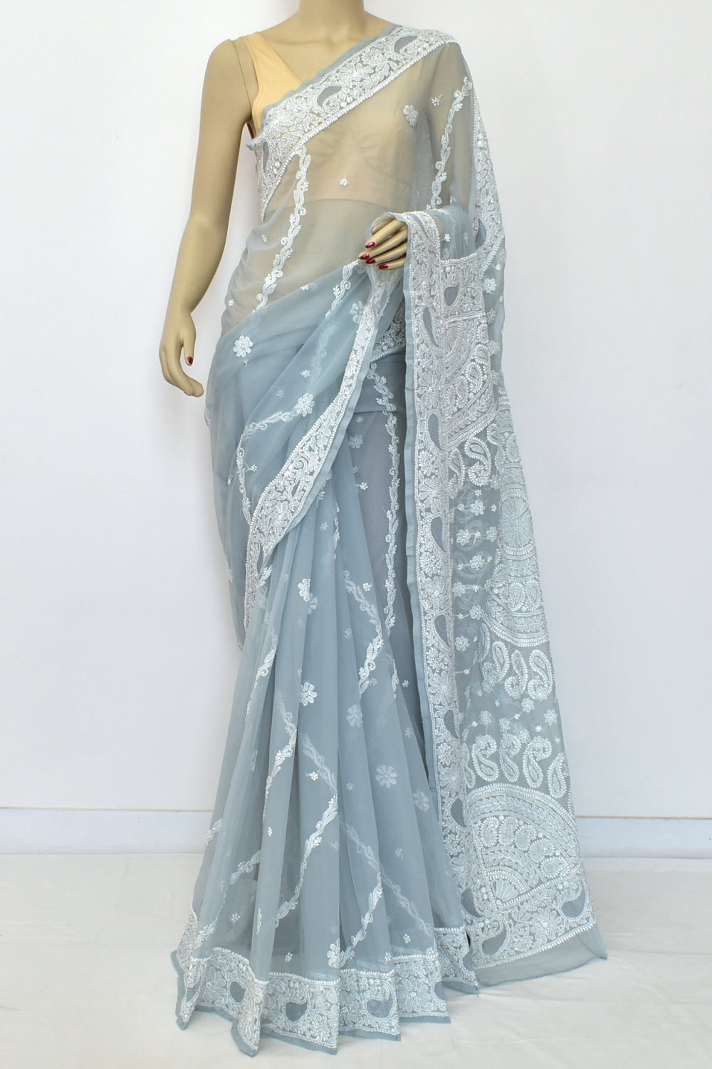 Grey Hand-Embroidered Lucknowi Chikankari Georgette Saree with Blouse Rich Pallu 15165