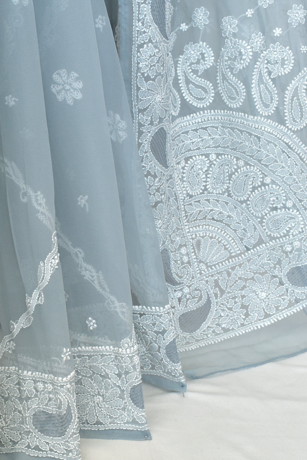 Grey Hand-Embroidered Lucknowi Chikankari Georgette Saree with Blouse Rich Pallu 15165