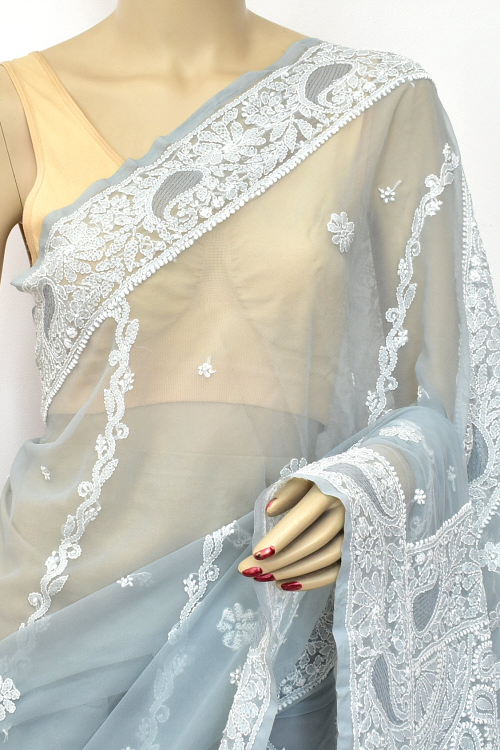Grey Hand-Embroidered Lucknowi Chikankari Georgette Saree with Blouse Rich Pallu 15165