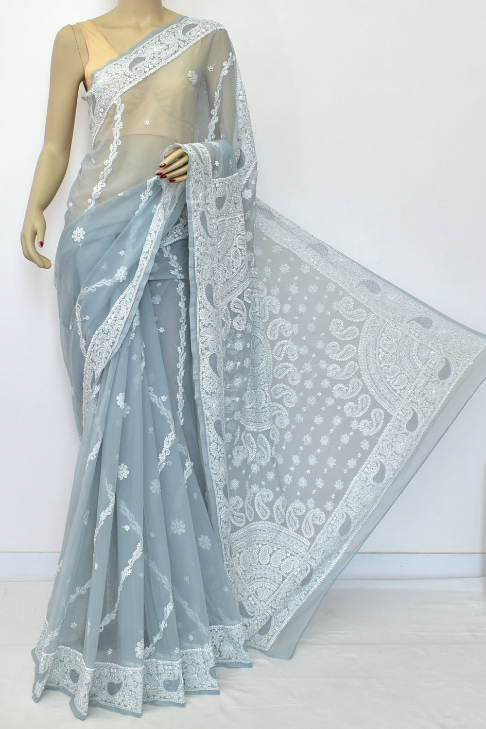 Grey Hand-Embroidered Lucknowi Chikankari Georgette Saree with Blouse Rich Pallu 15165