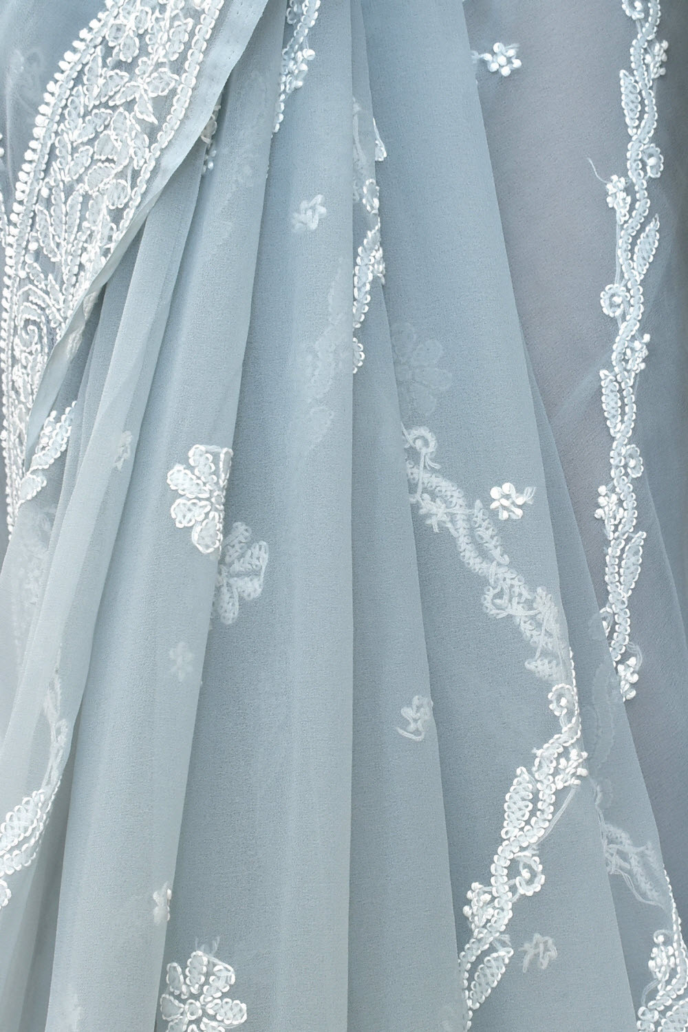 Grey Hand-Embroidered Lucknowi Chikankari Georgette Saree with Blouse Rich Pallu 15165