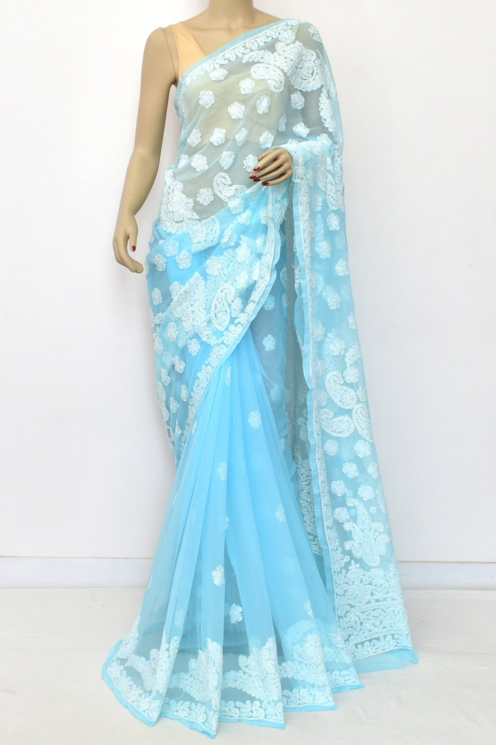 Sky Blue Hand-Embroidered Lucknowi Chikankari Georgette Saree with Blouse 15104