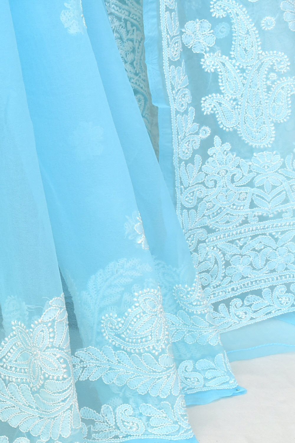 Sky Blue Hand-Embroidered Lucknowi Chikankari Georgette Saree with Blouse 15104