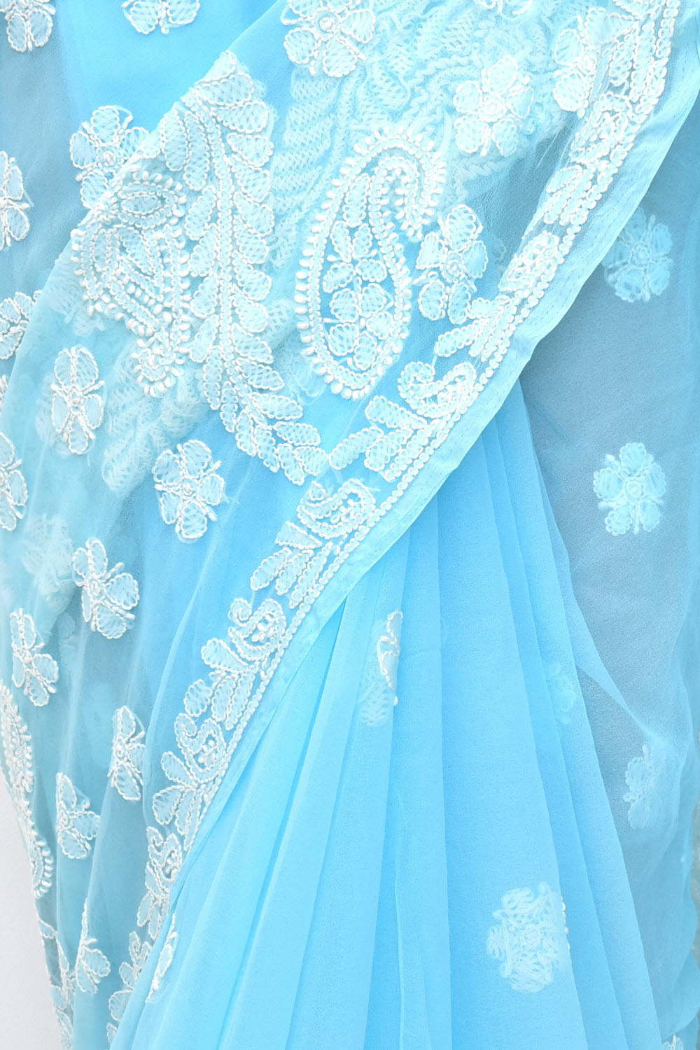 Sky Blue Hand-Embroidered Lucknowi Chikankari Georgette Saree with Blouse 15104