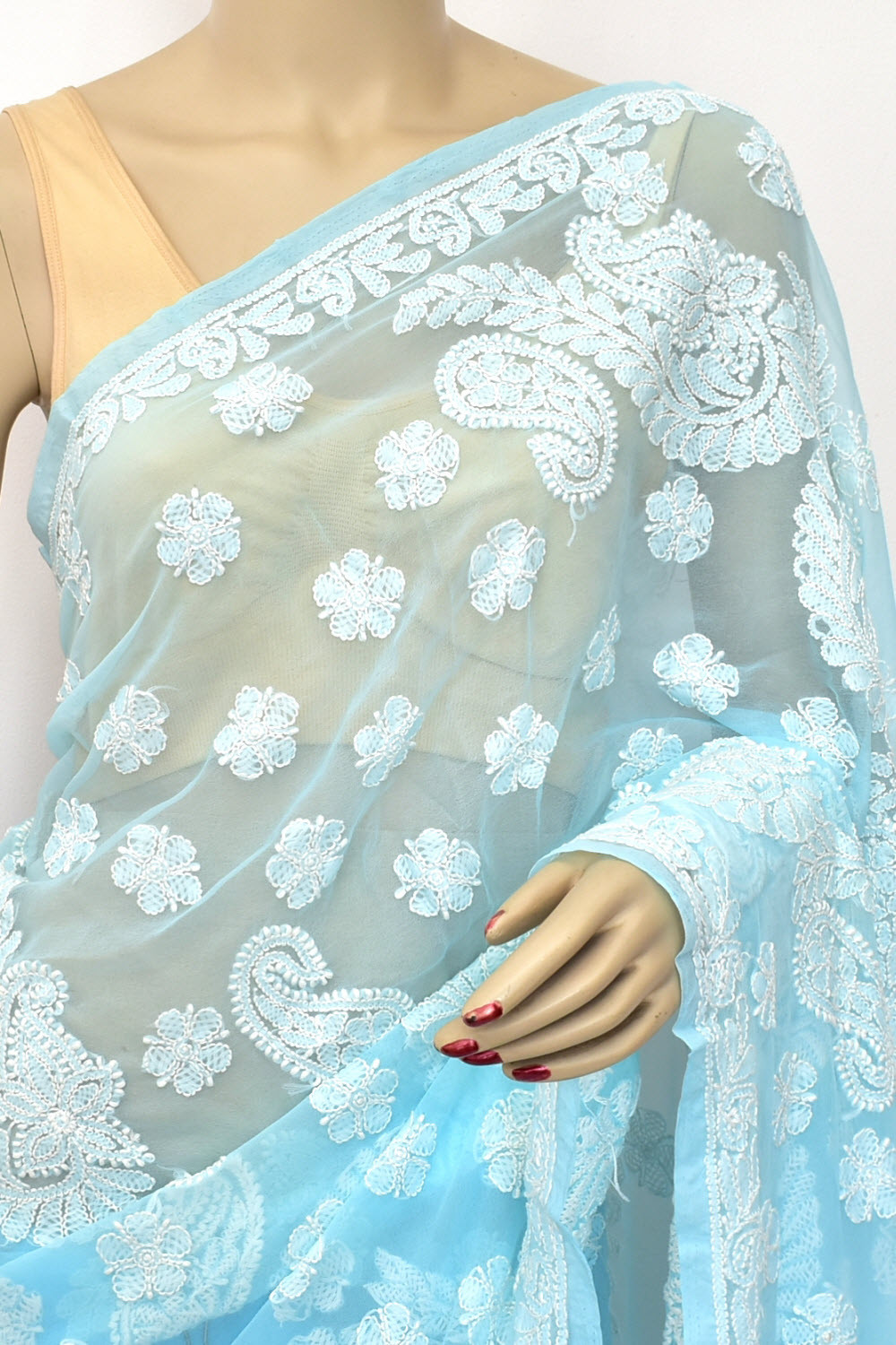 Sky Blue Hand-Embroidered Lucknowi Chikankari Georgette Saree with Blouse 15104