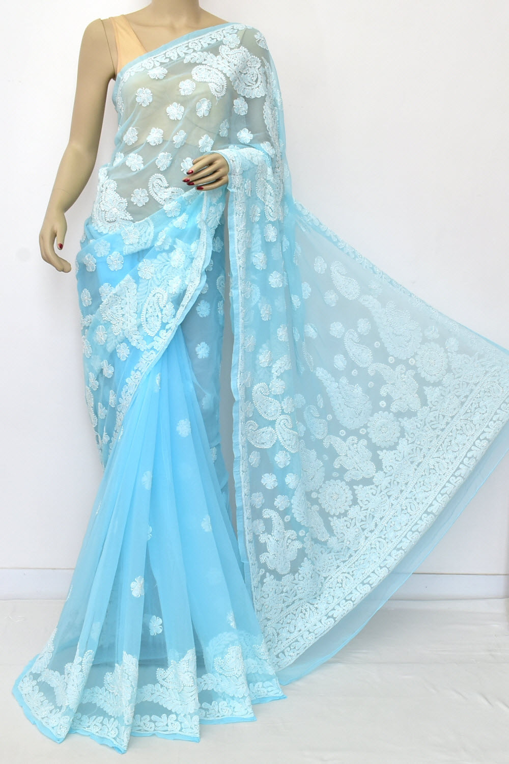 Sky Blue Hand-Embroidered Lucknowi Chikankari Georgette Saree with Blouse 15104
