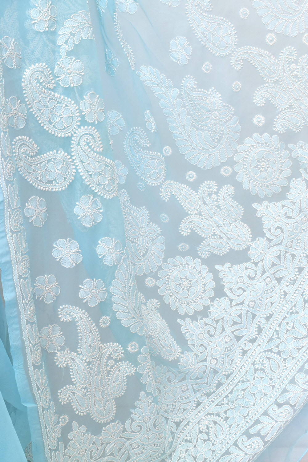 Sky Blue Hand-Embroidered Lucknowi Chikankari Georgette Saree with Blouse 15104