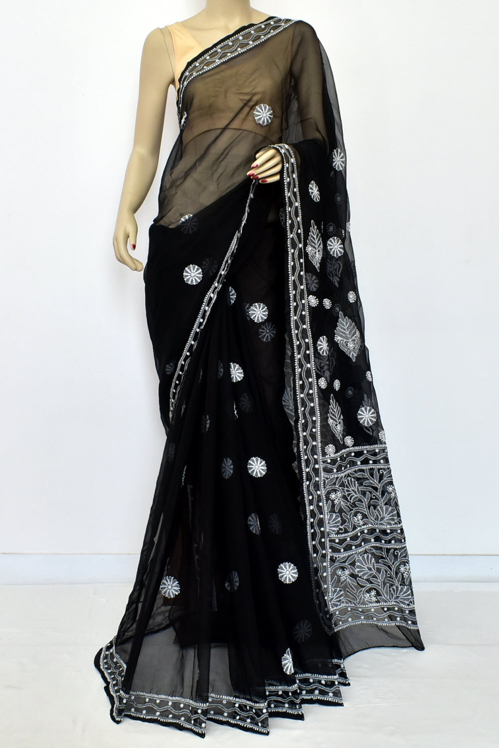 Black Hand-Embroidered Lucknowi Chikankari Georgette Saree with Blouse 15155