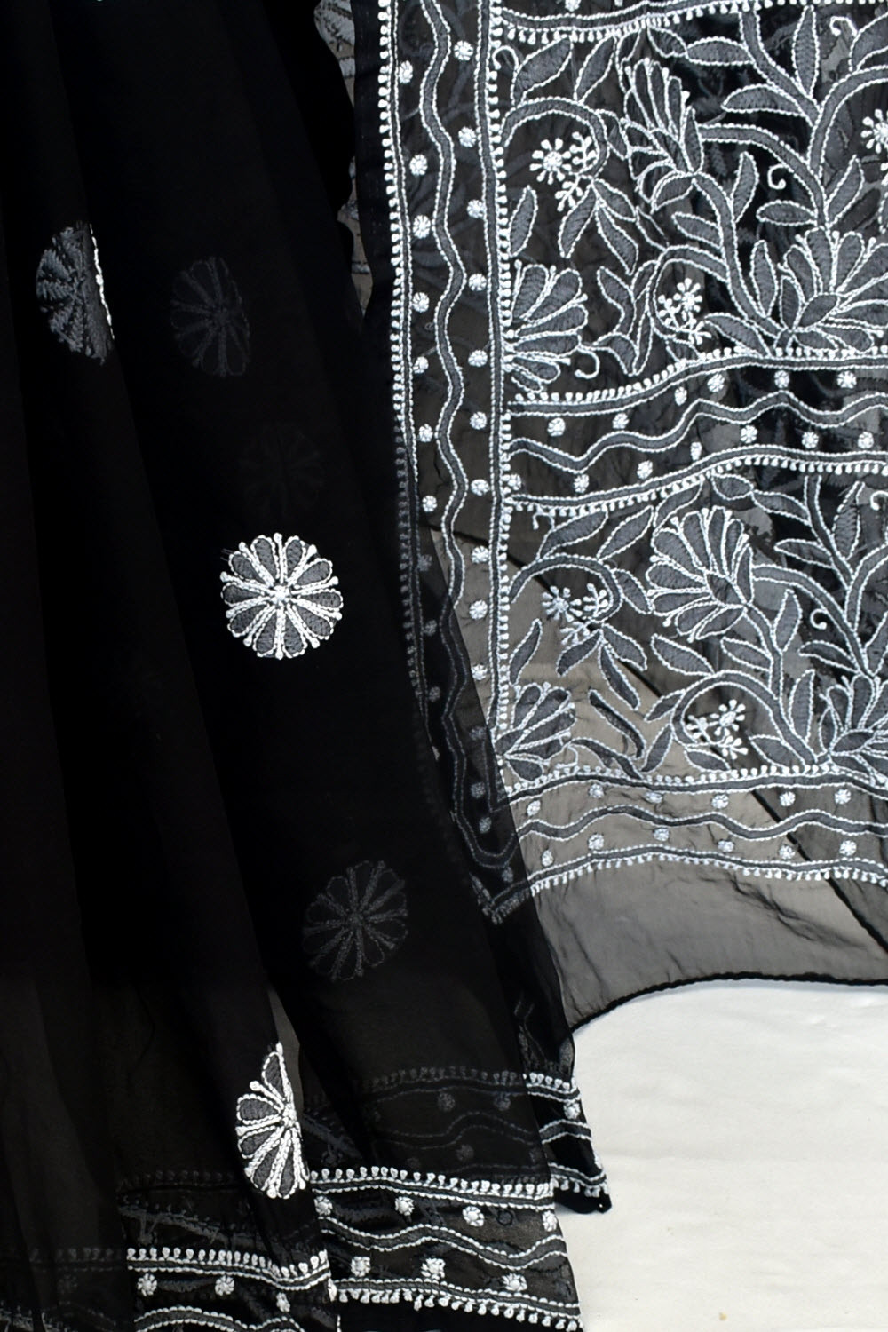 Black Hand-Embroidered Lucknowi Chikankari Georgette Saree with Blouse 15155