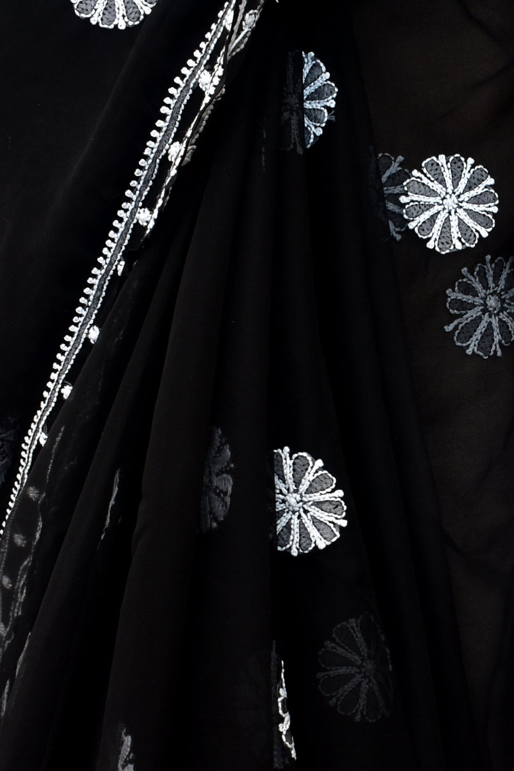 Black Hand-Embroidered Lucknowi Chikankari Georgette Saree with Blouse 15155