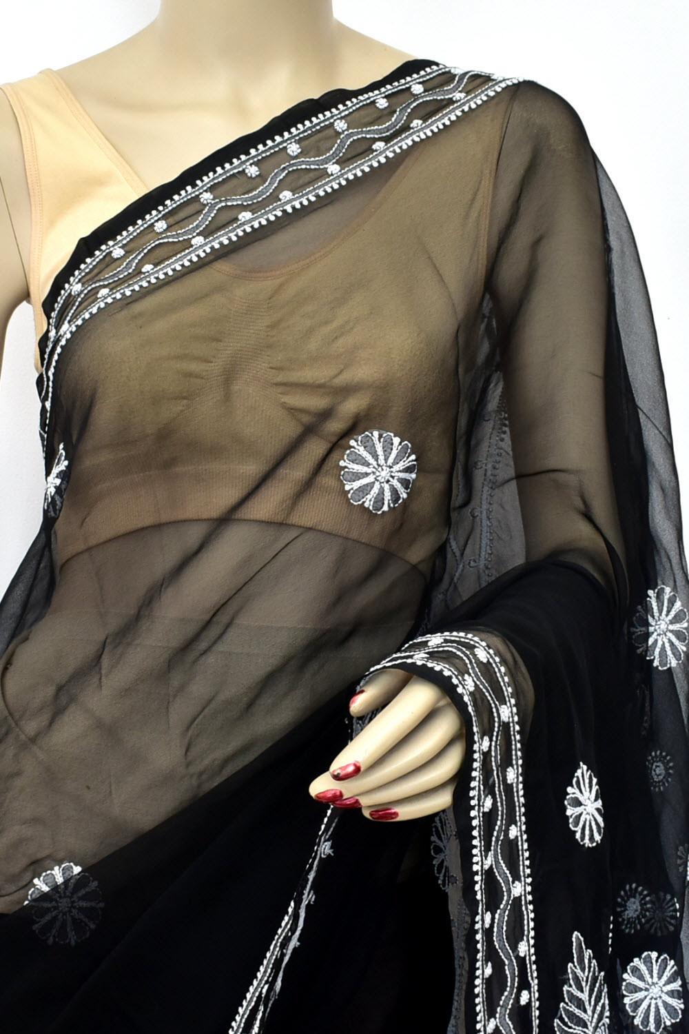 Black Hand-Embroidered Lucknowi Chikankari Georgette Saree with Blouse 15155
