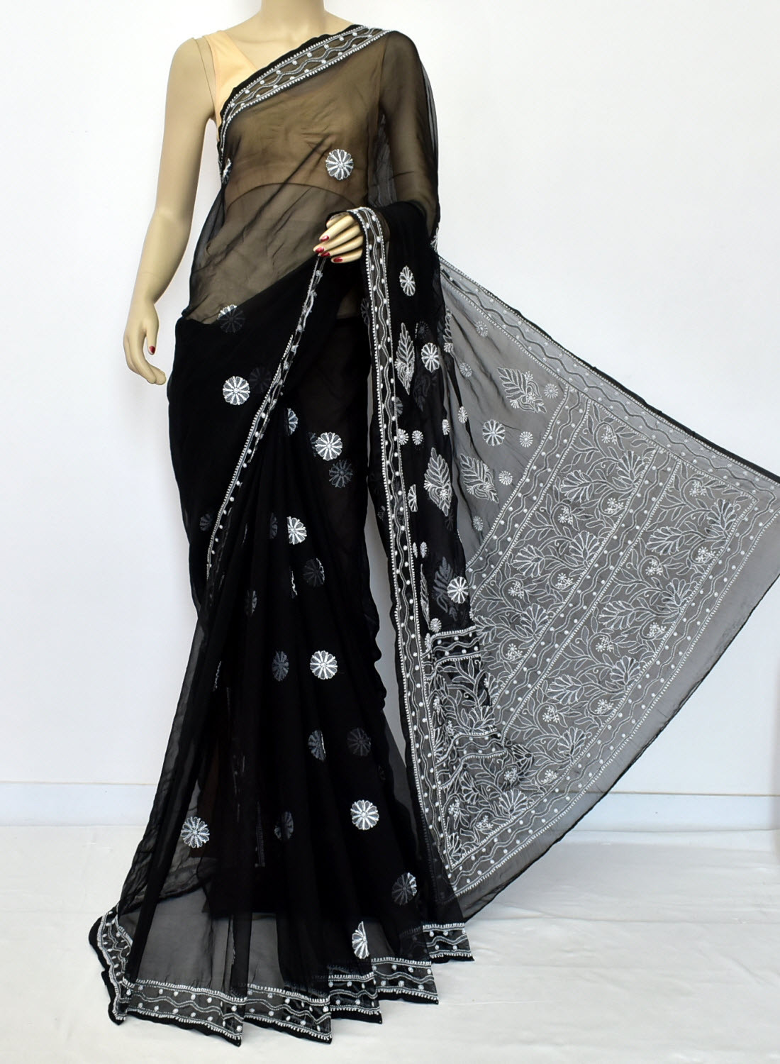 Black Hand-Embroidered Lucknowi Chikankari Georgette Saree with Blouse 15155