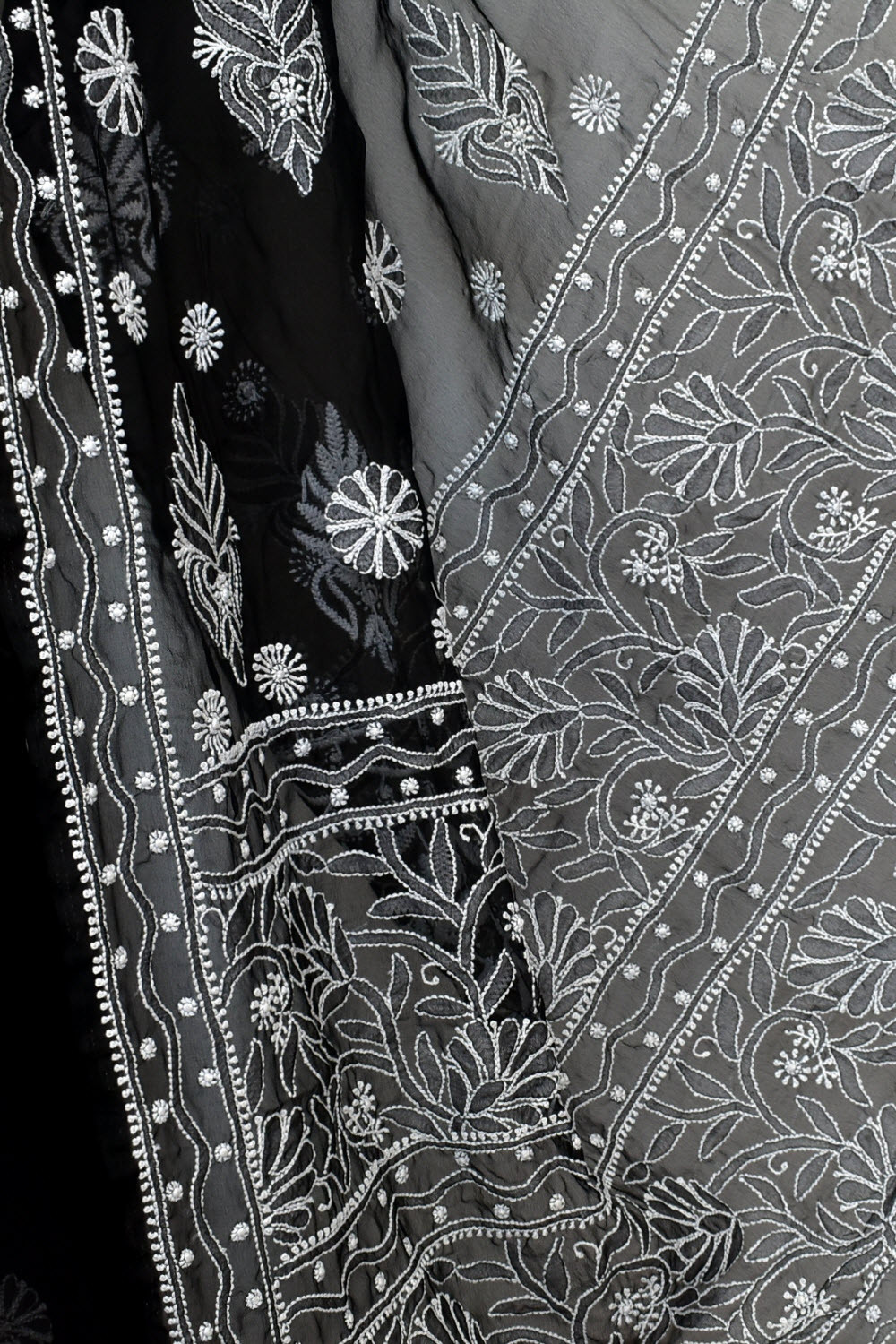 Black Hand-Embroidered Lucknowi Chikankari Georgette Saree with Blouse 15155