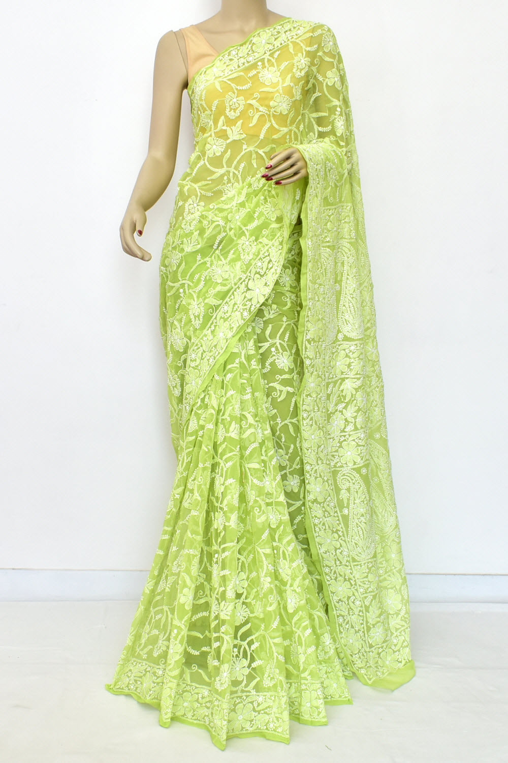 Parrot Green Allover Hand-Embroidered Lucknowi Chikankari Georgette Saree with Blouse 15200