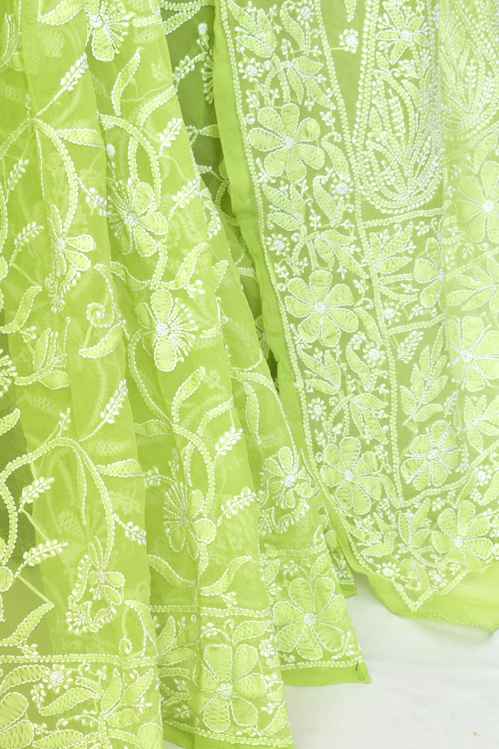 Parrot Green Allover Hand-Embroidered Lucknowi Chikankari Georgette Saree with Blouse 15200