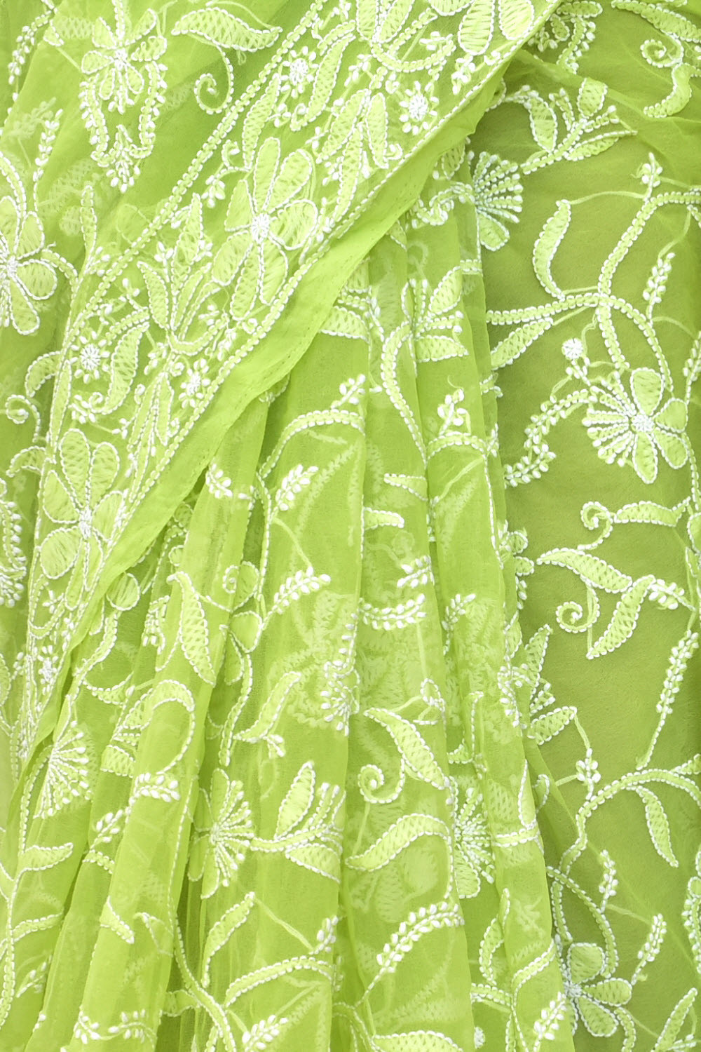 Parrot Green Allover Hand-Embroidered Lucknowi Chikankari Georgette Saree with Blouse 15200
