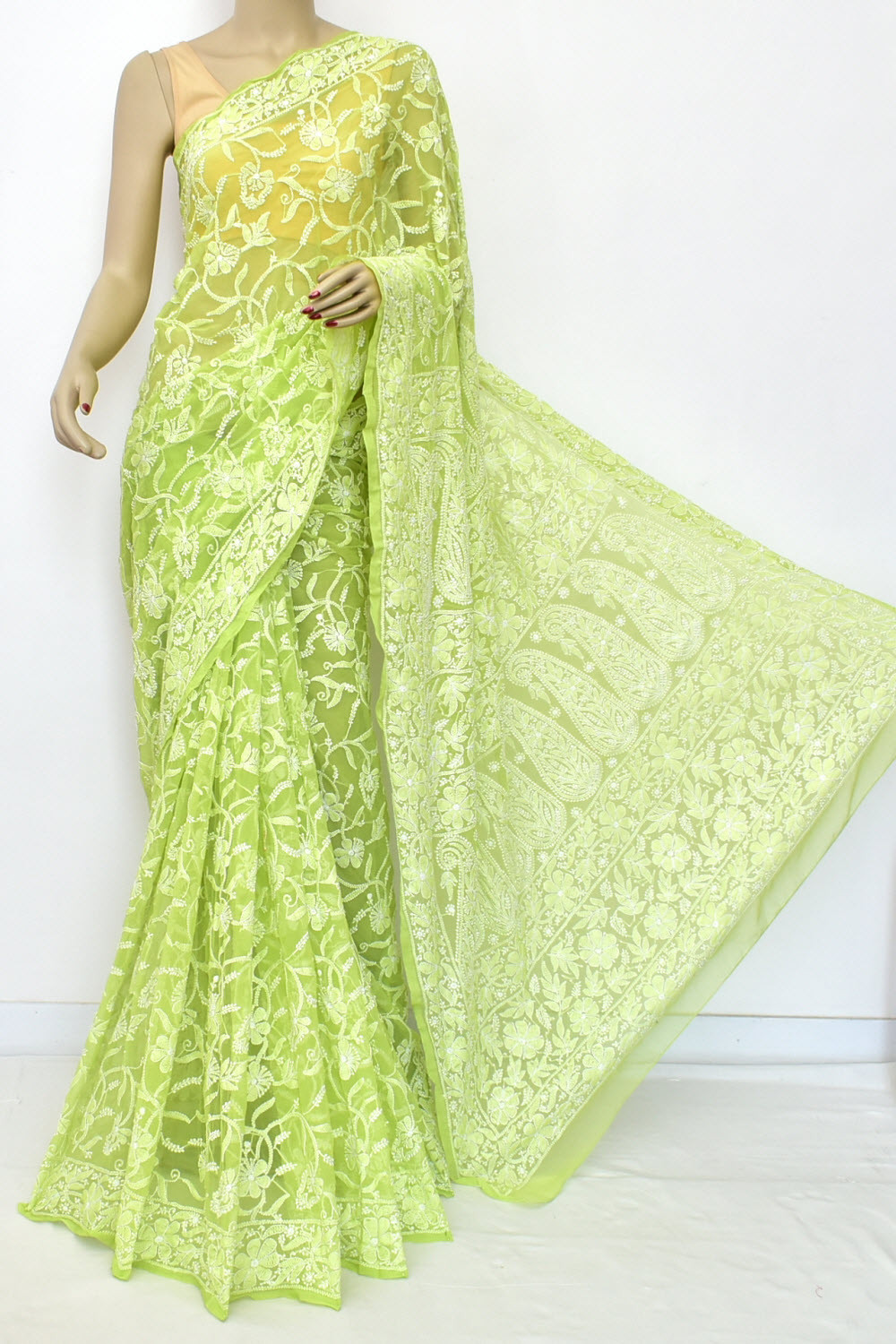 Parrot Green Allover Hand-Embroidered Lucknowi Chikankari Georgette Saree with Blouse 15200