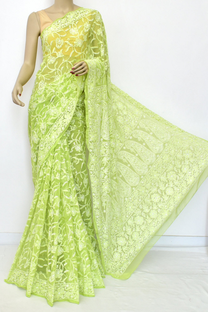 Image of Parrot Green Allover Hand-Embroidered Lucknowi Chikankari Georgette Saree (with Blouse) 15200
