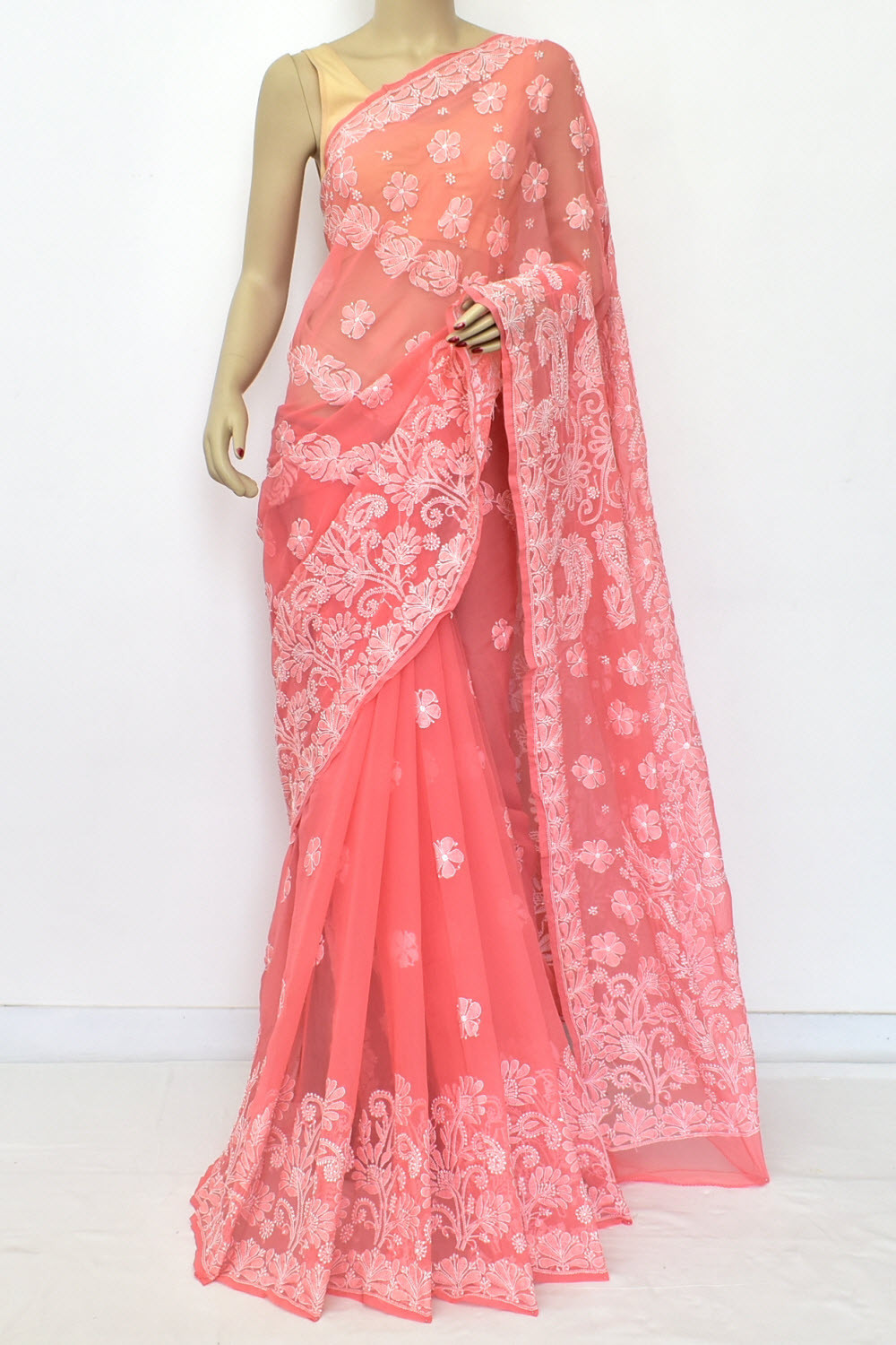 Peach Hand-Embroidered Lucknowi Chikankari Georgette Saree with Blouse 15106
