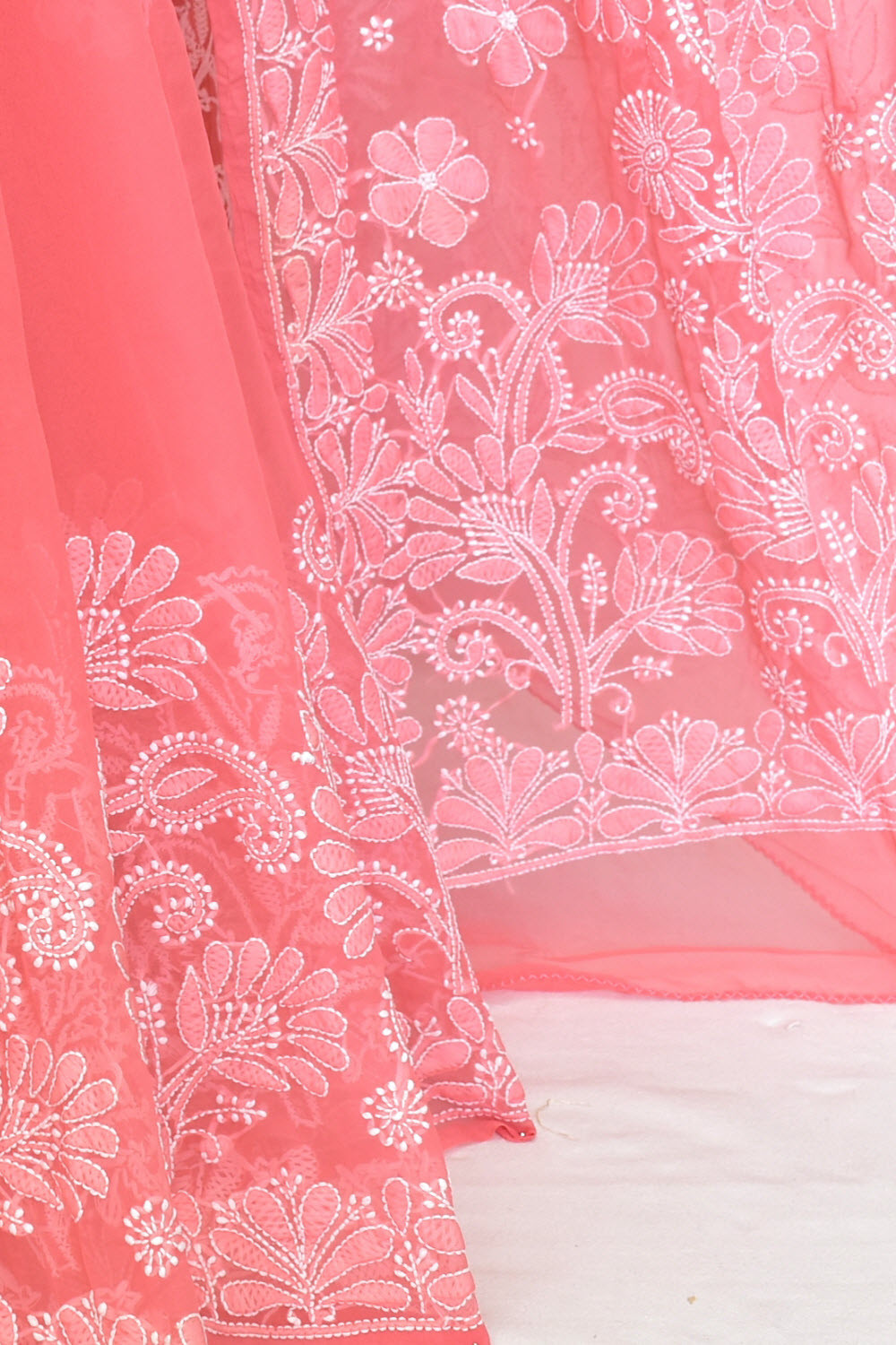 Peach Hand-Embroidered Lucknowi Chikankari Georgette Saree with Blouse 15106