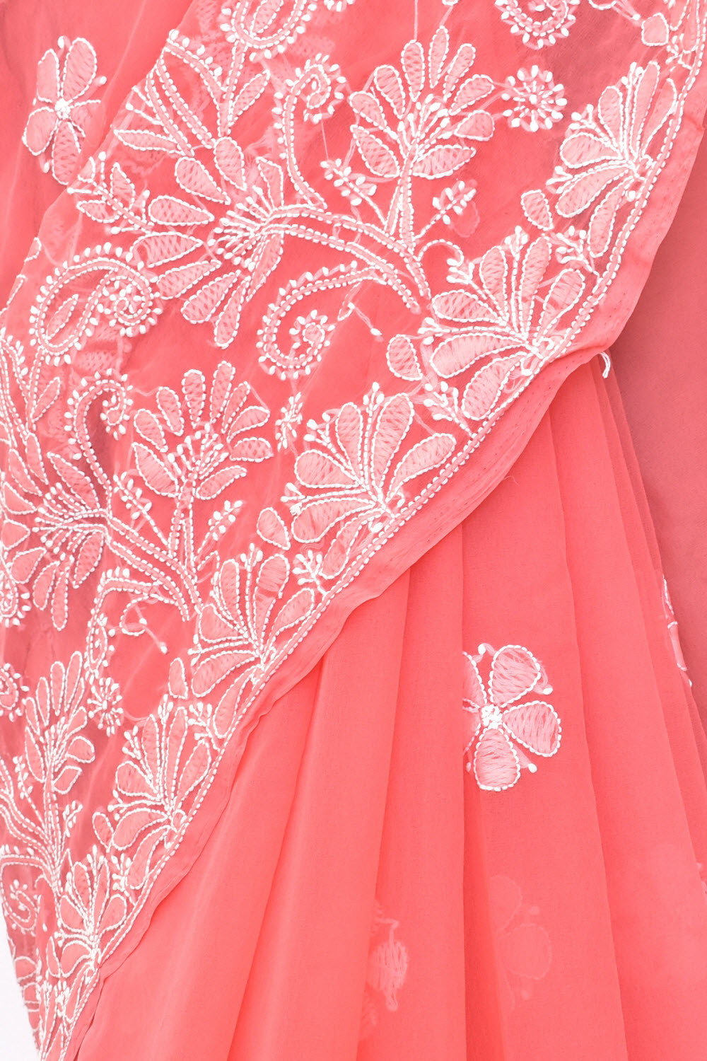 Peach Hand-Embroidered Lucknowi Chikankari Georgette Saree with Blouse 15106