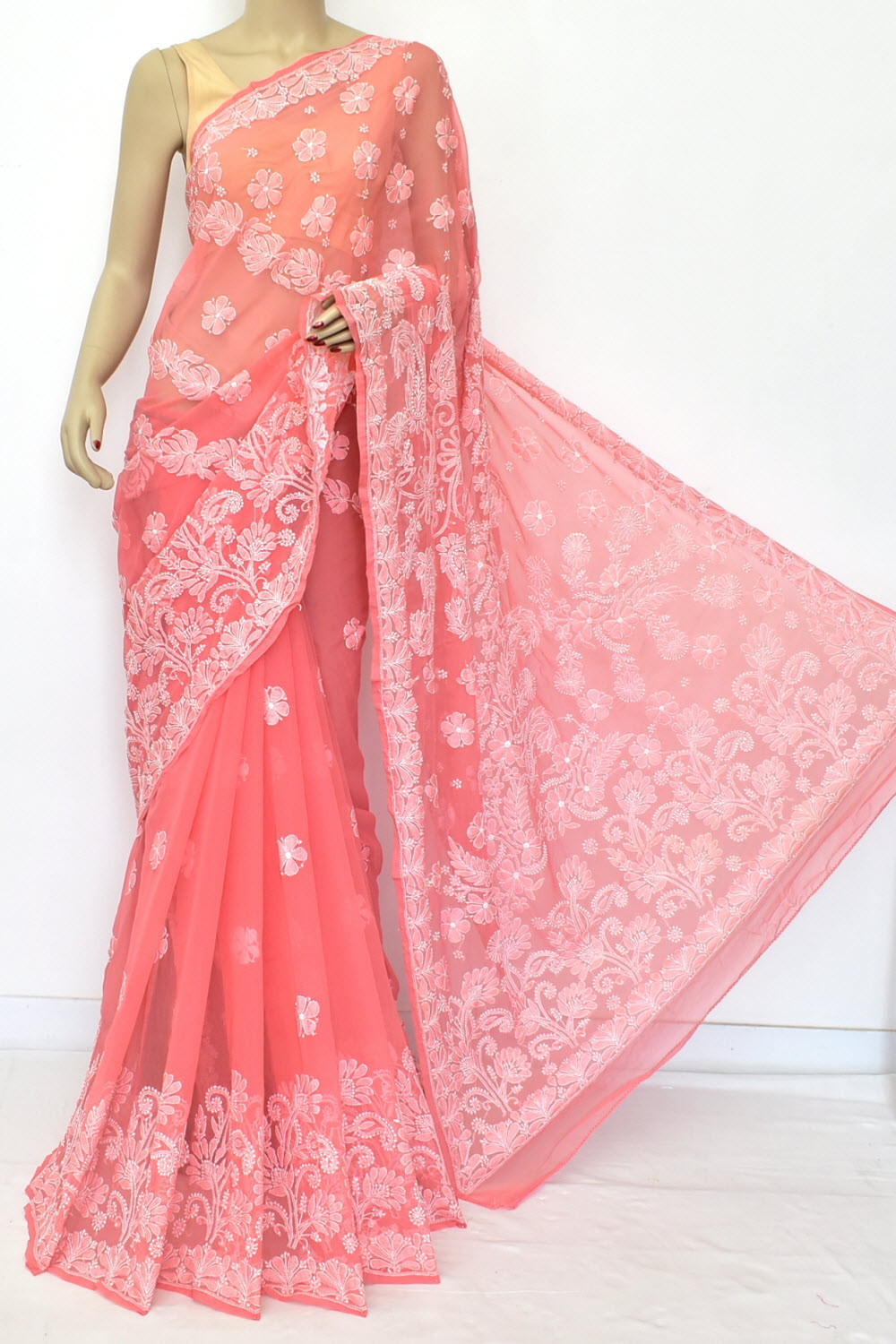 Peach Hand-Embroidered Lucknowi Chikankari Georgette Saree with Blouse 15106
