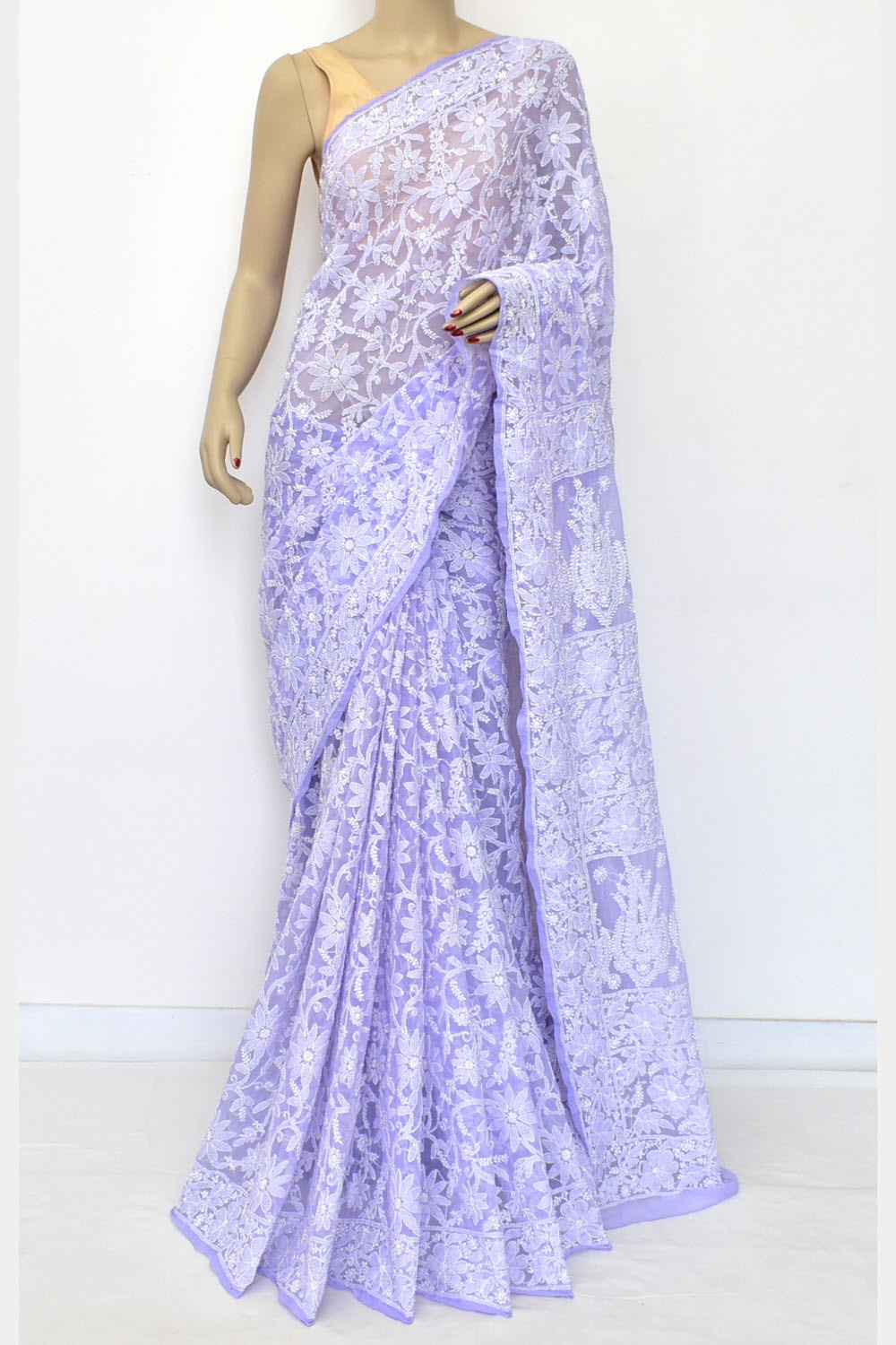 Lavender Allover Hand-Embroidered Lucknowi Chikankari Georgette Saree with Blouse 15123