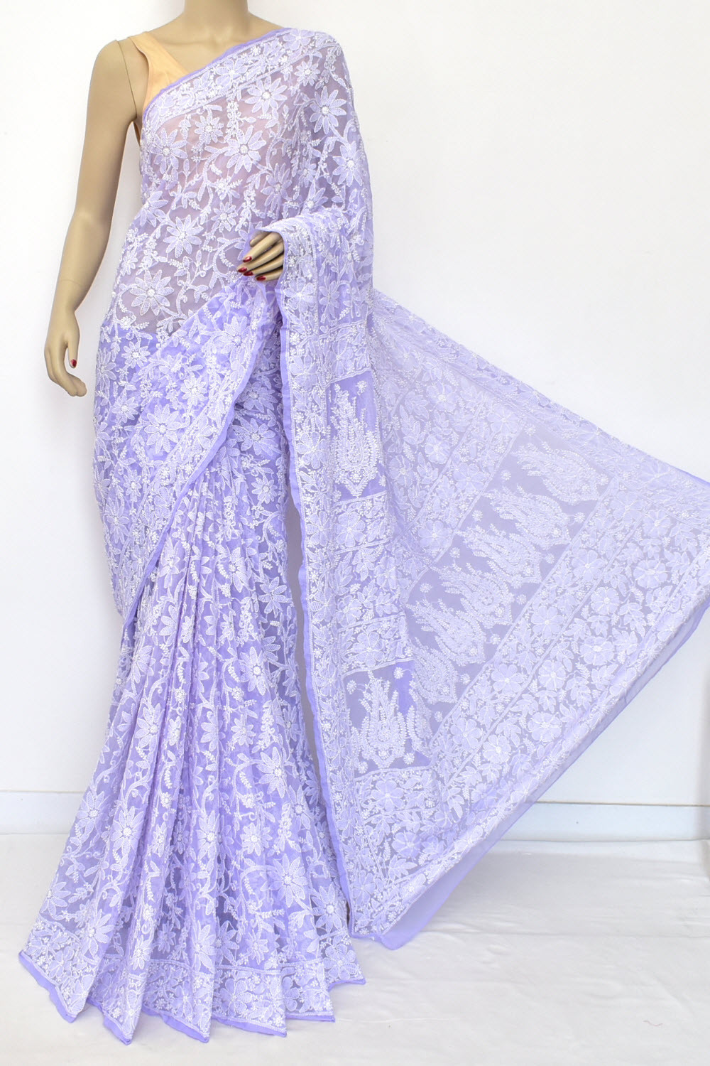 Lavender Allover Hand-Embroidered Lucknowi Chikankari Georgette Saree with Blouse 15123