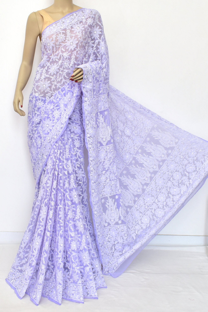 Image of Lavender Allover Hand-Embroidered Lucknowi Chikankari Georgette Saree (with Blouse) 15123
