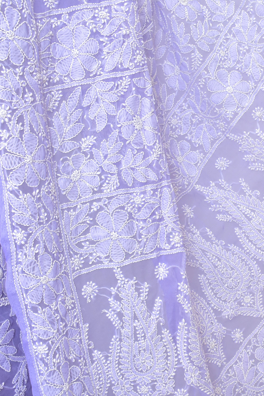 Lavender Allover Hand-Embroidered Lucknowi Chikankari Georgette Saree with Blouse 15123
