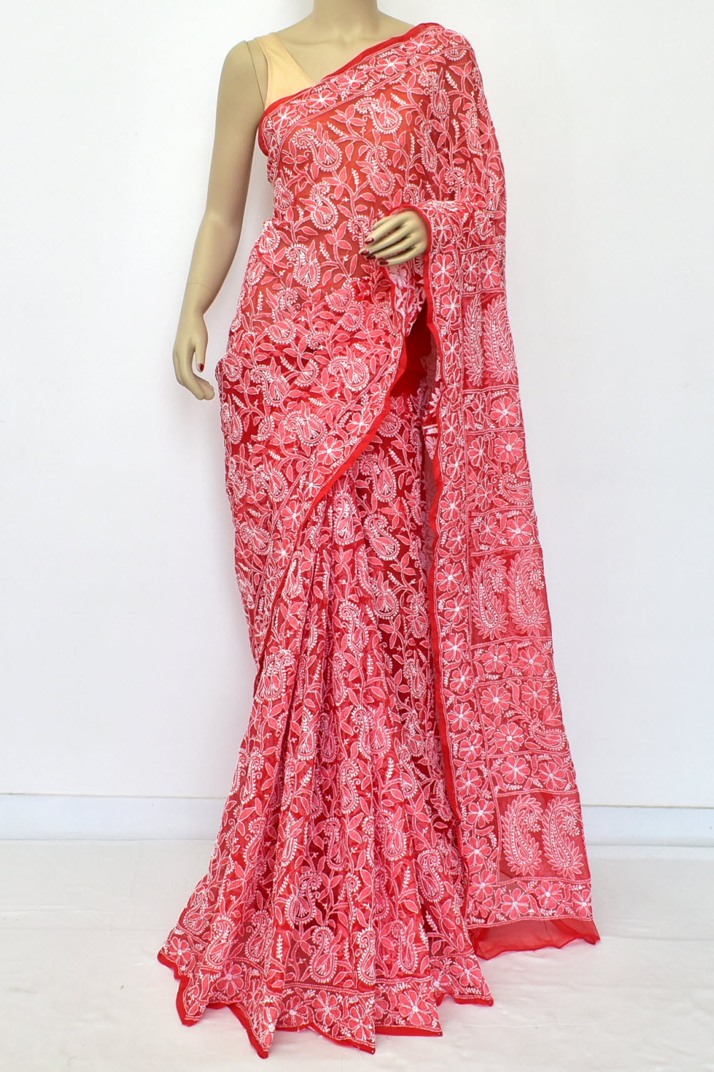 Red Allover Hand-Embroidered Lucknowi Chikankari Georgette Saree with Blouse 15198
