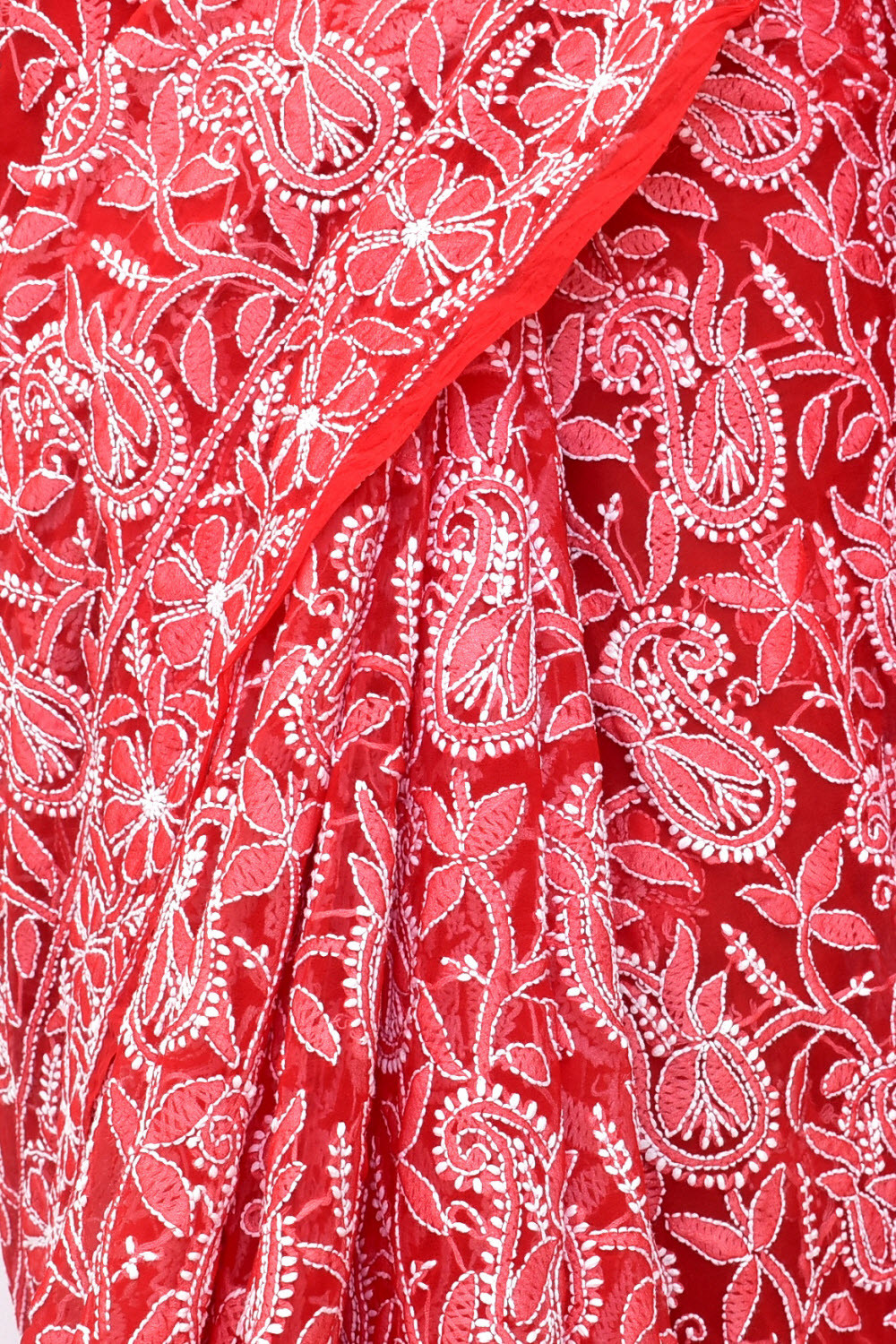 Red Allover Hand-Embroidered Lucknowi Chikankari Georgette Saree with Blouse 15198