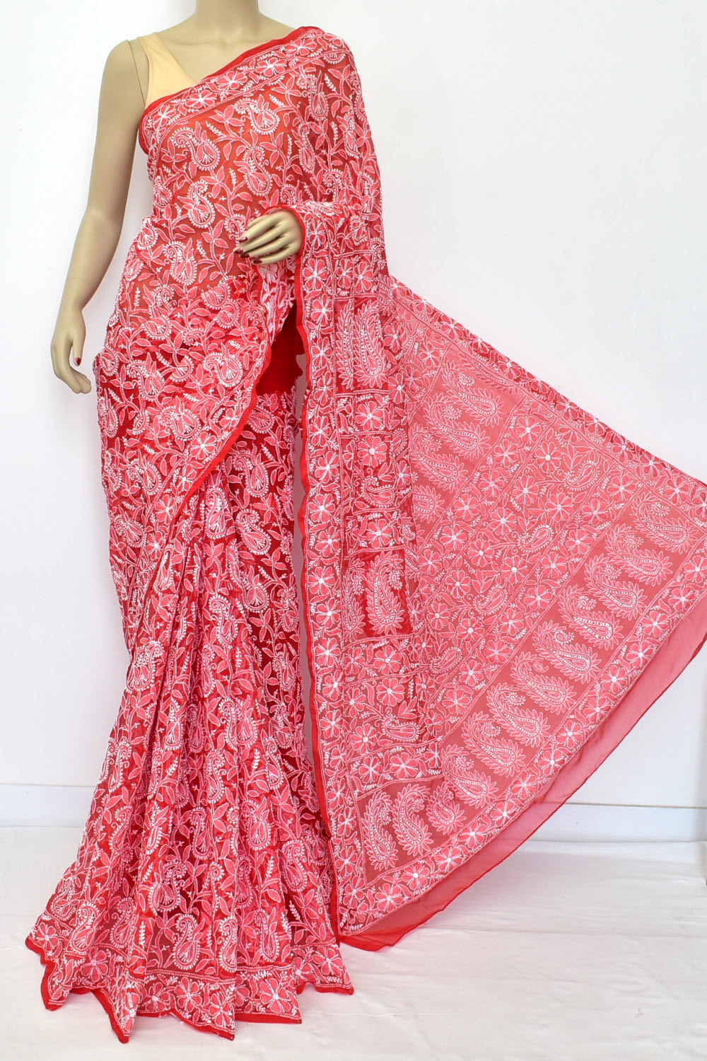 Red Allover Hand-Embroidered Lucknowi Chikankari Georgette Saree with Blouse 15198