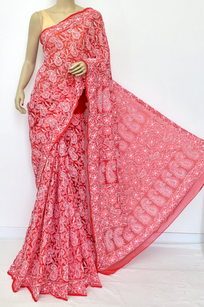 Image of Red Allover Hand-Embroidered Lucknowi Chikankari Georgette Saree (with Blouse) 15198