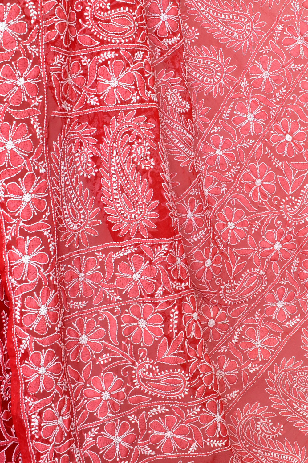 Red Allover Hand-Embroidered Lucknowi Chikankari Georgette Saree with Blouse 15198
