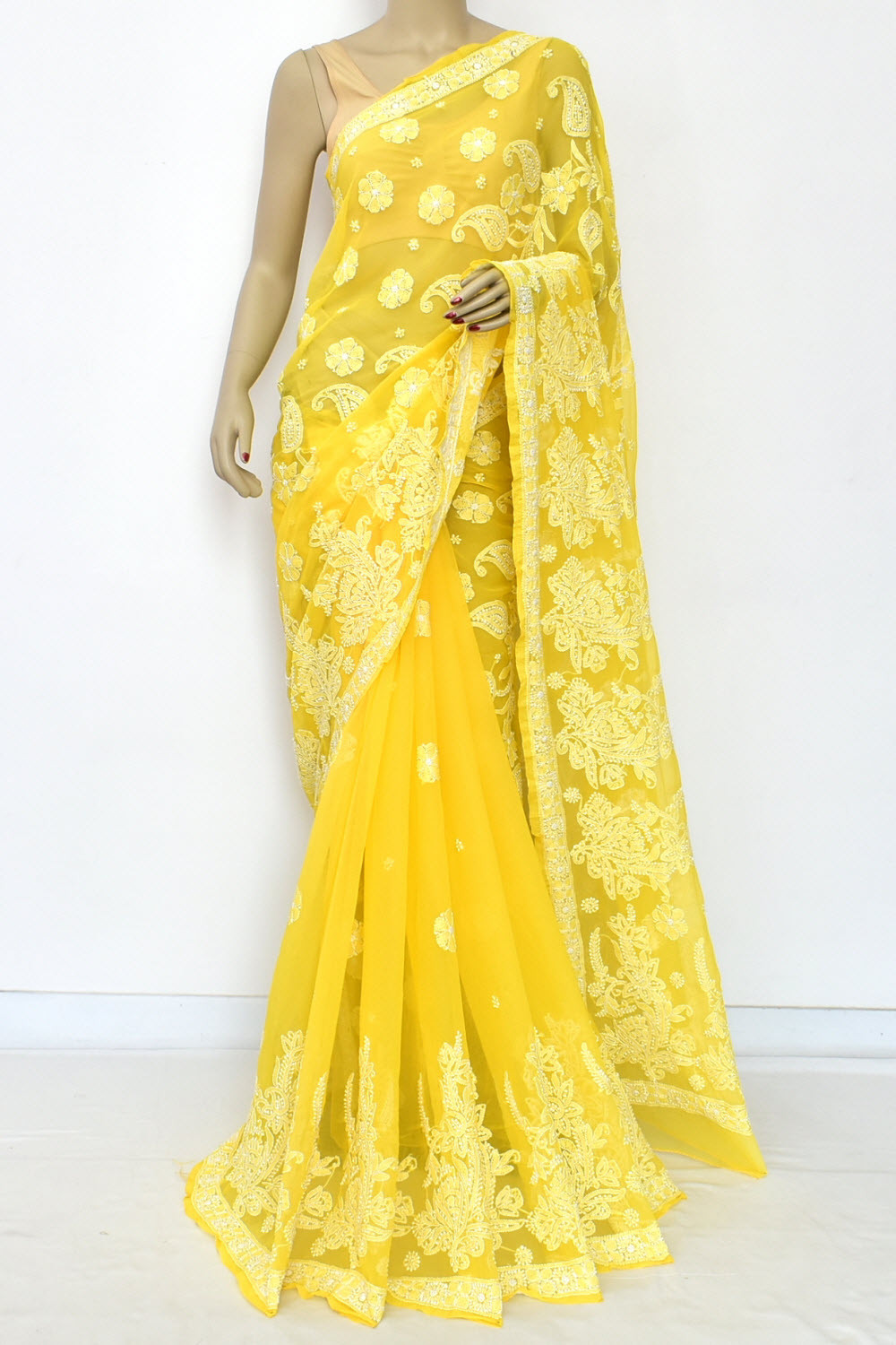 Mango Yellow Hand-Embroidered Lucknowi Chikankari Georgette Saree with Blouse 15116