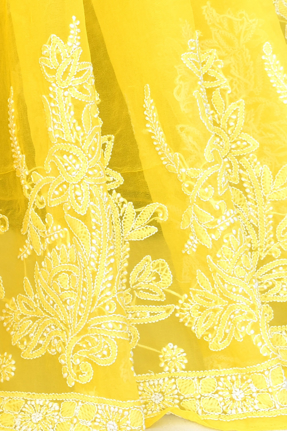 Mango Yellow Hand-Embroidered Lucknowi Chikankari Georgette Saree with Blouse 15116