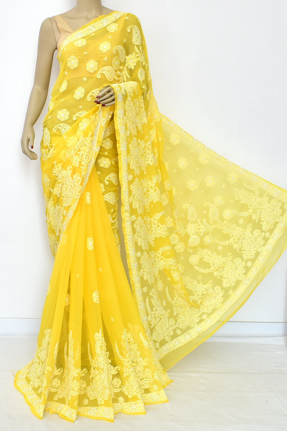 Mango Yellow Hand-Embroidered Lucknowi Chikankari Georgette Saree with Blouse 15116
