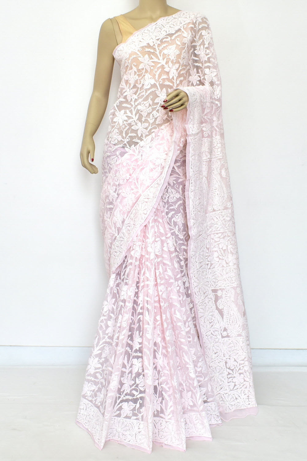 Baby Pink Allover Hand-Embroidered Lucknowi Chikankari Georgette Saree with Blouse 15197