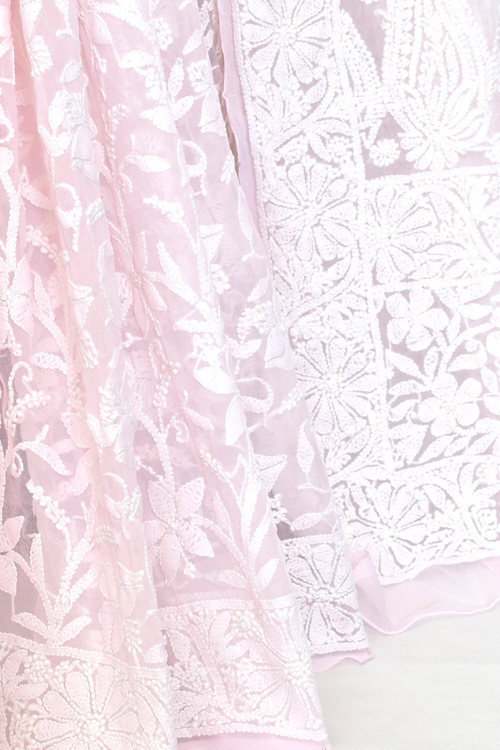Baby Pink Allover Hand-Embroidered Lucknowi Chikankari Georgette Saree with Blouse 15197