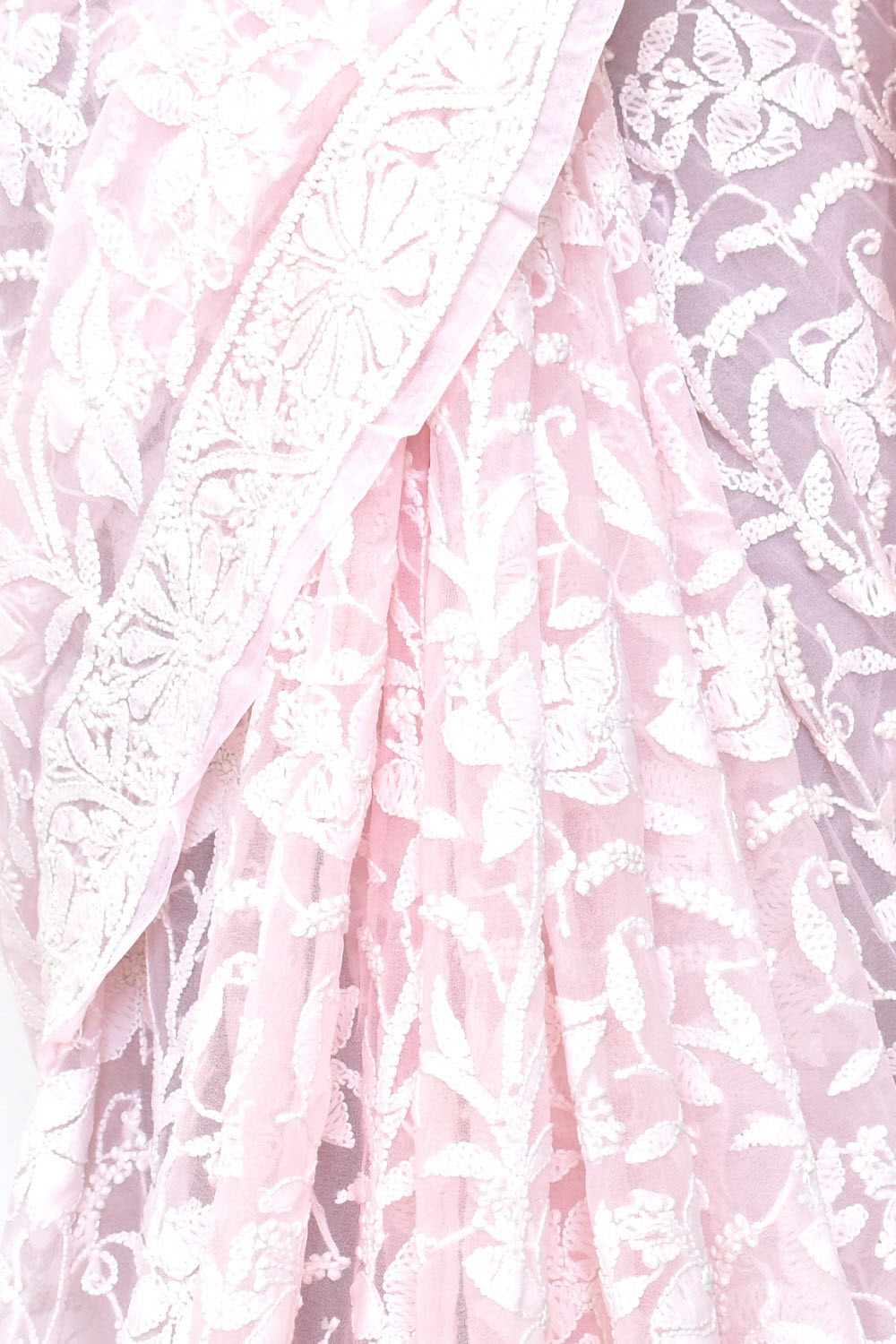 Baby Pink Allover Hand-Embroidered Lucknowi Chikankari Georgette Saree with Blouse 15197